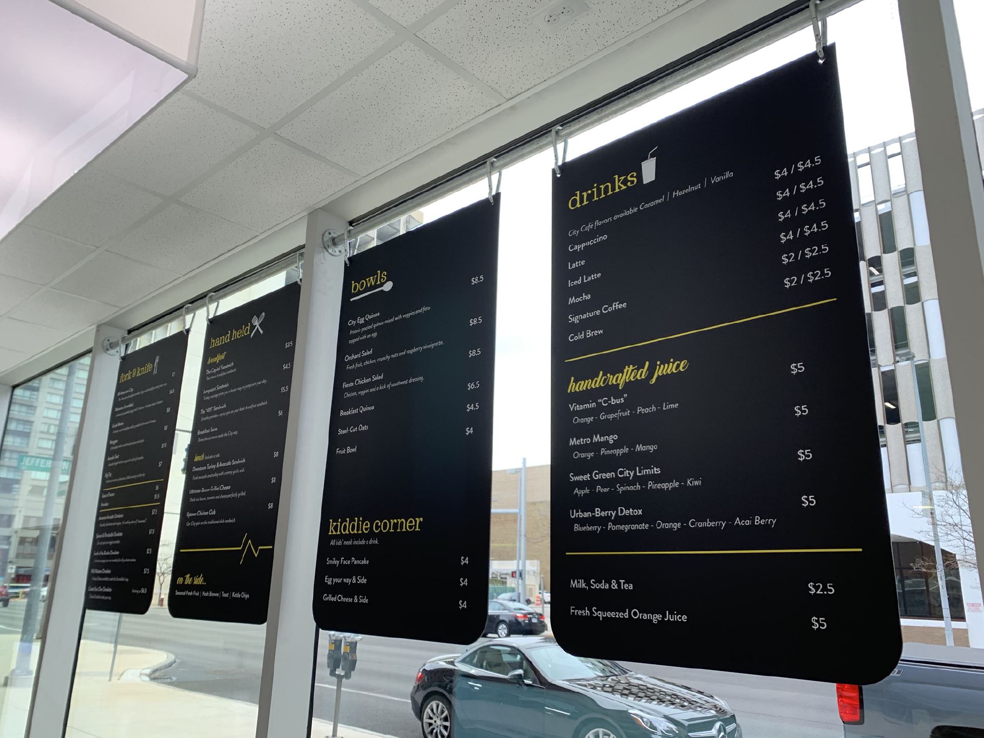 black hanging menu boards